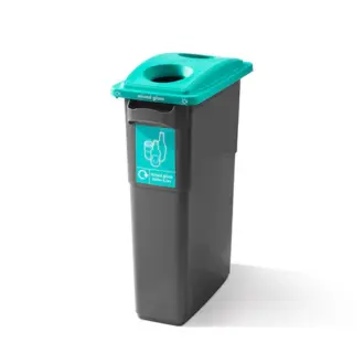 A tall, dark grey mixed glass recycling bin with a teal lid featuring a circular opening and a mixed glass bottles and jars label stands against a plain white background.