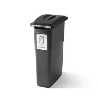 A tall, dark grey general waste bin with a black lid and a general waste label stands against a plain white background.