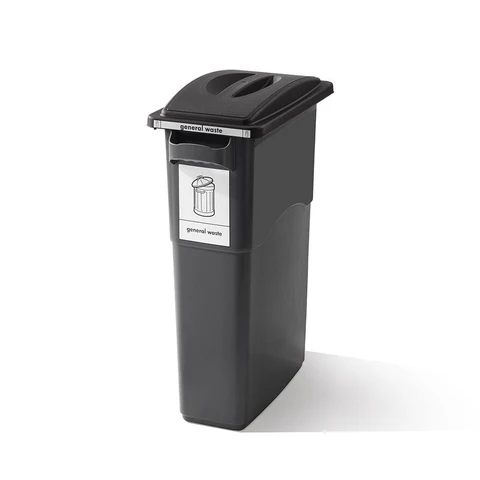 A tall, dark grey general waste bin with a black lid and a general waste label stands against a plain white background.