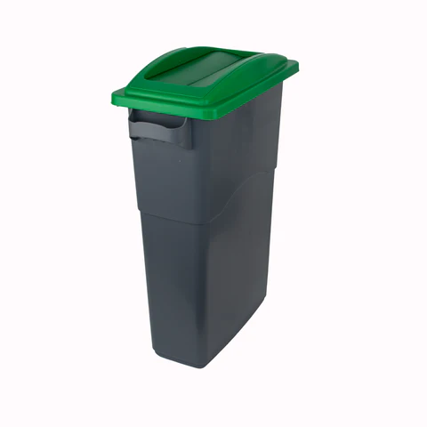 A tall, dark grey paper recycling bin with a green lid stands against a plain white background.