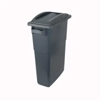 A tall, dark grey paper recycling bin with a dark grey lid stands against a plain white background.