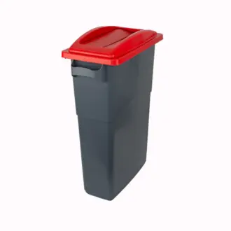 A tall, dark grey paper recycling bin with a bright red lid stands against a plain white background.