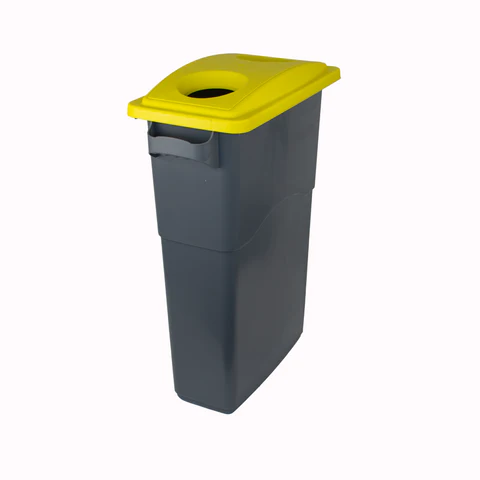 A dark grey paper recycling bin with a yellow lid featuring a circular opening stands against a plain white background.