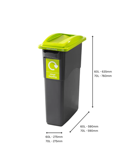 A dark grey mixed recycling bin with a bright green lid and a mixed recycling label is shown with two size options: 60L (635mm H x 590mm D x 275mm W) and 70L (760mm H x 590mm D x 275mm W).