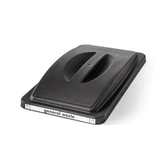 A black general waste bin lid with a dual-flap opening and a white label, "general waste", is shown at an angle against a white background.