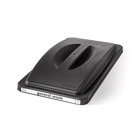 A black general waste bin lid with a dual-flap opening and a white label, "general waste", is shown at an angle against a white background.