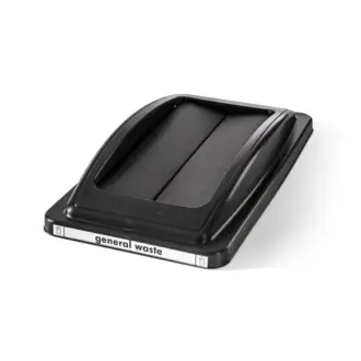 A black general waste bin lid with two open flaps and a white "general waste" label is positioned at an angle on a white background.