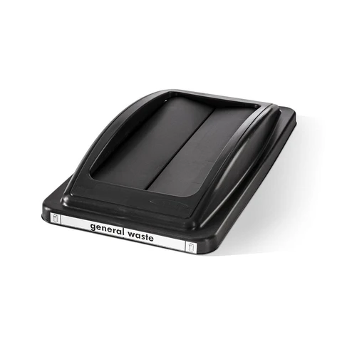 A black general waste bin lid with two open flaps and a white "general waste" label is positioned at an angle on a white background.