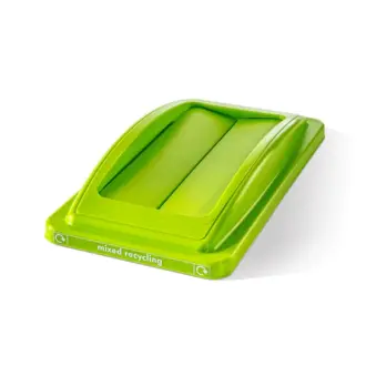 A bright green mixed recycling bin lid with two open flaps and a white "mixed recycling" label is positioned at an angle on a white background.