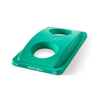A teal mixed glass recycling bin lid with two circular openings and a white "mixed glass" label is positioned at an angle on a white background.