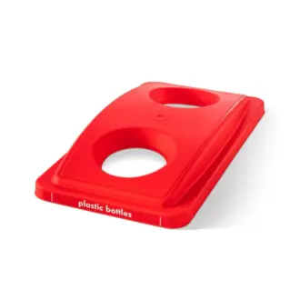 A teal recycling bin lid with two circular openings and a white "plastic bottles" label is positioned at an angle on a white background.