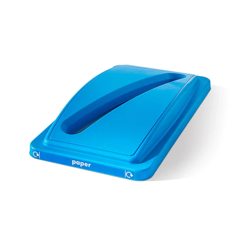 A blue paper recycling bin lid with a narrow slot opening and a white "paper" label on a white background.