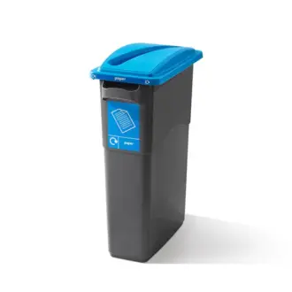 A tall, dark grey paper recycling bin with a bright blue lid and a paper recycling label stands against a plain white background.
