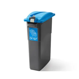 A tall, dark grey confidential paper recycling bin with a bright blue lockable lid and a confidential paper label stands against a plain white background.
