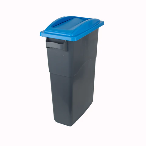 A tall, dark grey paper recycling bin with a bright blue lid stands against a plain white background.