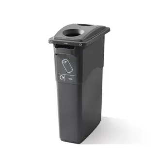 A tall, dark grey cans recycling bin with a black lid featuring a circular opening and a cans recycling label stands against a plain white background.