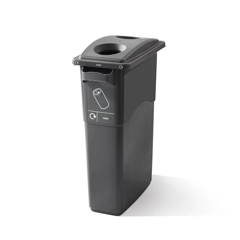 A tall, dark grey cans recycling bin with a black lid featuring a circular opening and a cans recycling label stands against a plain white background.