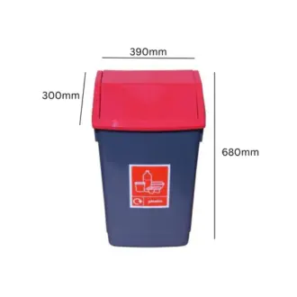 A front-facing view of a dark grey bin with a red, angled lid for plastics, labelled with an icon, and showing dimensions of 680mm height, 390mm width, and a lid depth of 300mm.