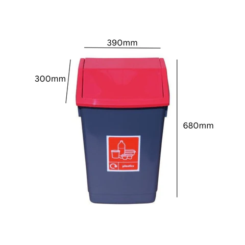 A front-facing view of a dark grey bin with a red, angled lid for plastics, labelled with an icon, and showing dimensions of 680mm height, 390mm width, and a lid depth of 300mm.