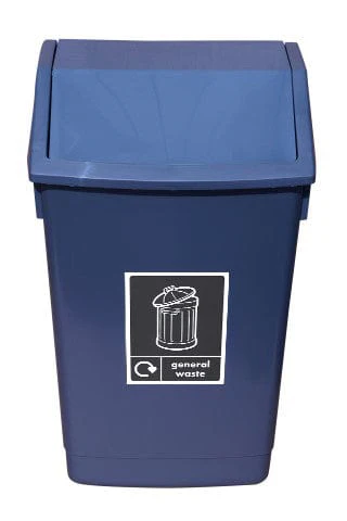 A dark grey bin with a matching dark grey, angled lid, featuring a black and white label with a general waste icon and recycling symbol.